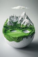 A 3d golf ball broken up to reveal a scenic golf course with mountains, trees and nature.
