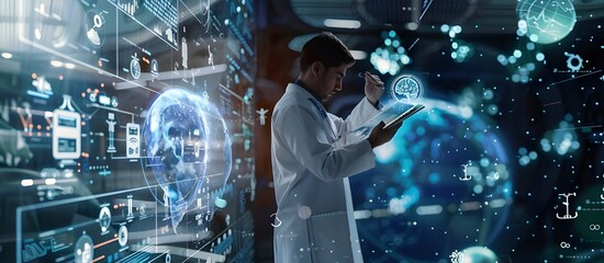 A doctor using an electronic medical record system with icons and data floating around, representing the integration of technology in healthcare.  - Powered by Adobe