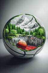 A 3d basketball broken up to reveal a scenic basketball court with mountains, trees and nature.