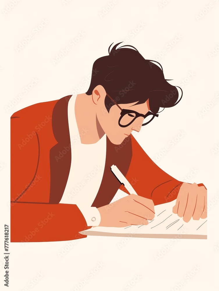 Poster aesthetic affirmation card: a man writing a report with minimal design generative ai