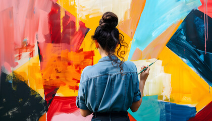 A young girl making multicolor paintings on wall around