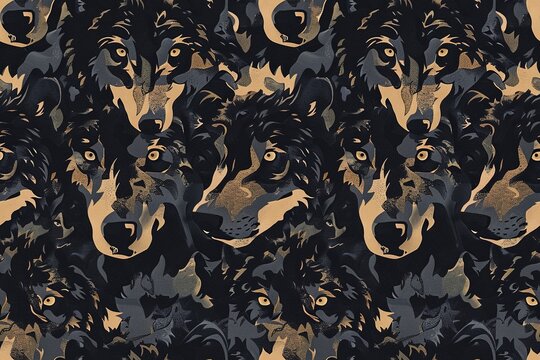 A black and brown camo pattern made of black wolf heads.