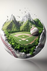A 3d baseball broken up to reveal a scenic baseball field with mountains, trees and nature.