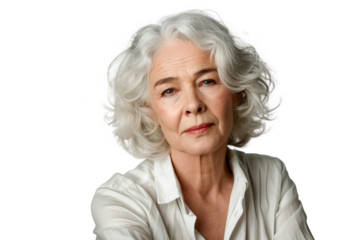 Studio portrait of a beautiful old mature Caucasian Americana woman in casual look with an attractive smile, isolated on transparent png background.