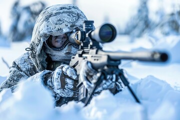 A sniper in winter gear, holds a sniper rifle.