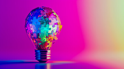 Realistic light bulb made of colorful puzzle pieces on soft solid colored background.