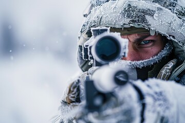 A sniper in winter gear, holds a sniper rifle.