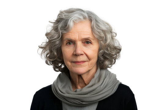 Studio portrait of a beautiful old mature Caucasian Americana woman in casual look with an attractive smile, isolated on transparent png background.