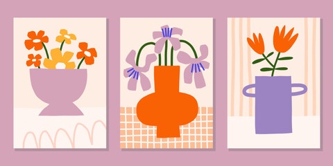 Cutout floral poster designs. Bright summer vector prints set. Modern flower in vase illustration. Botanical backgrounds
