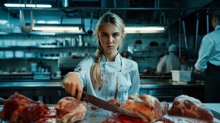 A tender, fragile and beautiful butcher girl behind the counter with raw meat. AI generation.