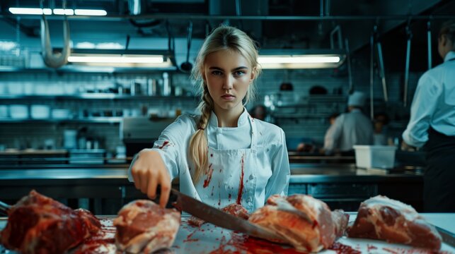 A tender, fragile and beautiful butcher girl behind the counter with raw meat. AI generation.