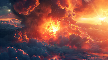 galactic core with surrounding cosmic dust clouds, Vibrant sunset sky over idyllic landscape ,A sun with a ray and a warm - obrazy, fototapety, plakaty