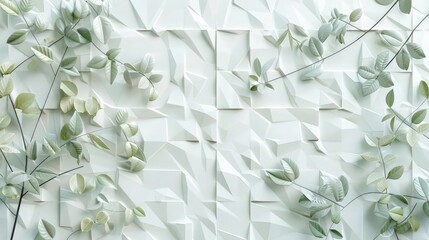 A minimalist wall texture featuring white 3D tiles with a subtle geometric pattern of light green leaves, offering a serene and understated natural look. The texture is smooth with a matte finish.