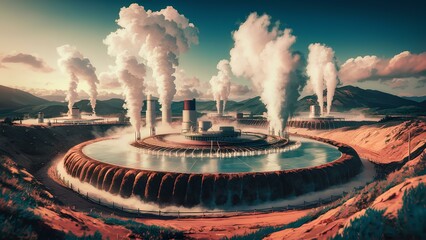 A realistic depiction of a geothermal power plant, with steam rising