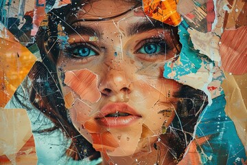 Abstract modern paper collage portrait of young woman.