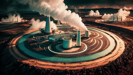 A realistic depiction of a geothermal power plant, with steam rising - obrazy, fototapety, plakaty