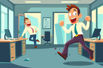 Surprised businessman falls victim to a harmless workplace prank, as a playful coworker lightens the mood with a well-executed joke or gag, fostering a fun office environment - obrazy, fototapety, plakaty