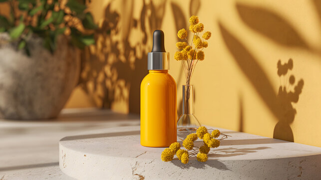Serene Yellow-Themed Setting with Dropper Bottle and Flowers