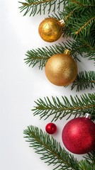 Obraz na płótnie Canvas Festive Christmas Ornaments and Pine Branches on White Background