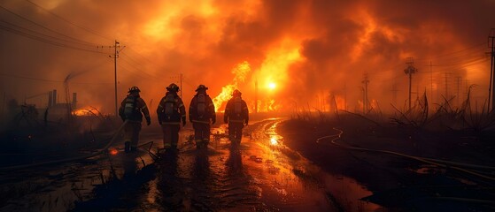 Firefighters battling a large fire in an industrial area under an orange sky. Concept Firefighters, Industrial Area, Large Fire, Orange Sky, Emergency Operations