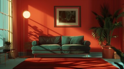 n AI-generated depiction of a stylish living room, complete with a red backdrop, mockup frame, and a solo sofa attractive look