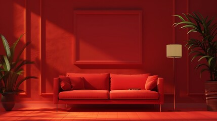 n AI-generated depiction of a stylish living room, complete with a red backdrop, mockup frame, and a solo sofa attractive look