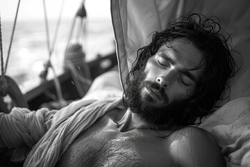 Jesus sleeping on a boat, Bible story.