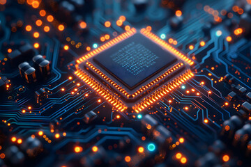 Close-up of a glowing high-tech microchip in futuristic computer