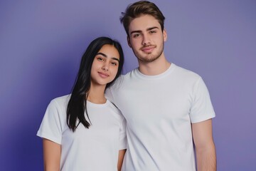 Fototapeta premium Diverse Young Couple in Plain White T-Shirts Smiling