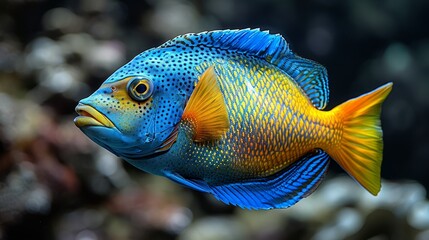   A tight shot of a blue-yellow fish against a black backdrop, with a blurred background