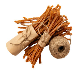 Dry sausages tied in a bundle with jute rope on a white background. Beer snack. Dry sausage isolate