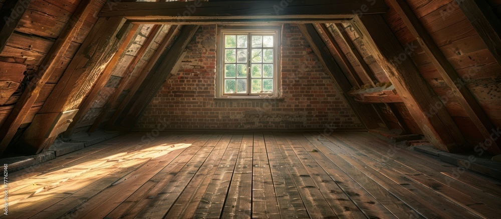 Poster a view of an aged attic room with a wooden floor and a window, showcasing its simple yet charming in