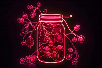 Neon illustration of cranberry sauce jar with silhouettes isotated on black background.