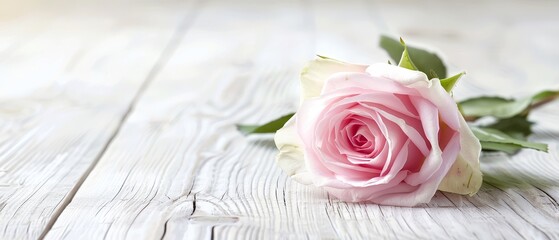   A solitary pink rose atop a white wooden table, accompanied by a green, leafy stem nearby