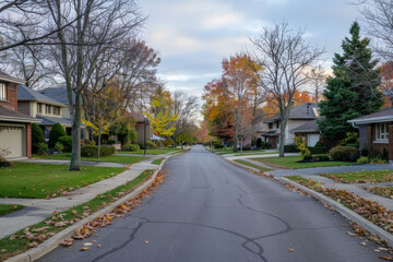 A street with houses on both sides and a lot of leaves on the ground