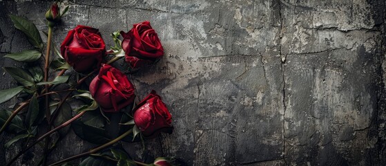   Red roses in a cluster atop a weathered wooden table, adjacent to a stone wall with peeling paint