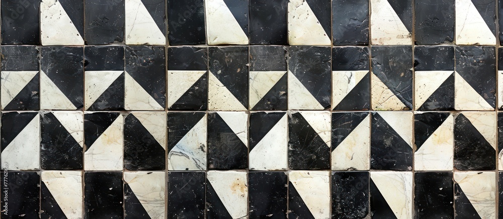 Poster a detailed view of a wall covered in black and white tiles arranged in a geometric pattern of triang