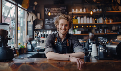 Fototapeta na wymiar Smiling barista Man at cozy café with warmth and hospitality. Coffee machine and various utensils add to ambiance of coffee shop. Bright and inviting atmosphere for delightful coffee experience