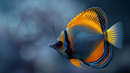   A tight shot of a blue-and-yellow fish against a blue-black backdrop, with a hazy, sky-blue sky in the distance