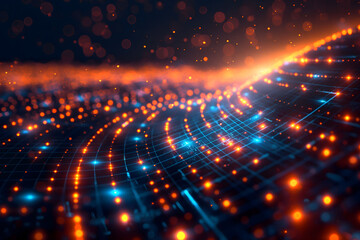 Obraz premium Abstract digital landscape with glowing particles and wavy pattern