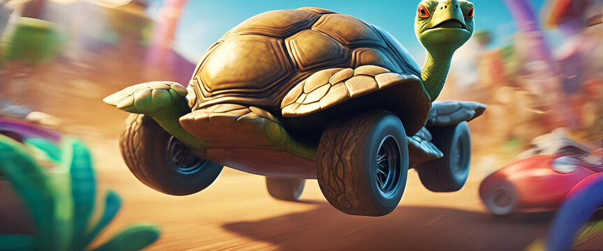 A cute cartoon turtle racing in an off-road car, with the head and shell of a turtle. It is running on land.
