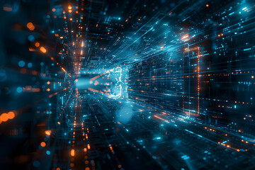 Futuristic digital blockchain technology in blue cyber space