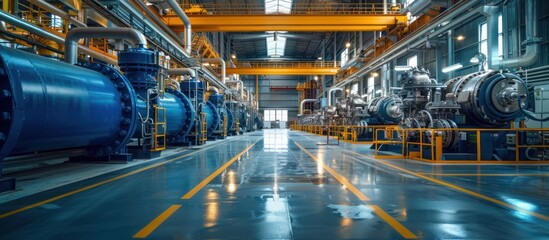 An expansive industrial facility showcasing an array of pipes, machinery, and equipment used in the production process. - obrazy, fototapety, plakaty