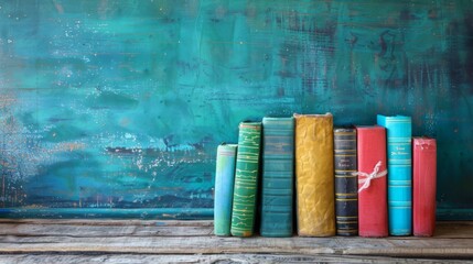 Stack of books in bright colors, on a wooden surface with a turquoise board in the background