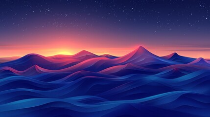   A painting of a nighttime mountain range with a sunrise and stars overhead - obrazy, fototapety, plakaty