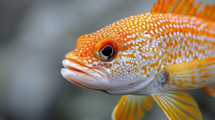   A tight shot of a fish displaying an orange and white striped body and a dark, circular eye