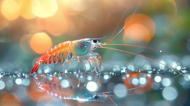   A tight shot of a shrimp above clear water, surrounded by rising bubbles Background blurred with soft light rays