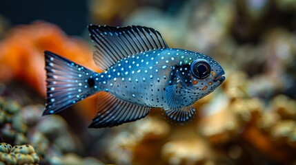   A tight shot of a blue-and-white fish near corals; backdrop of various corals