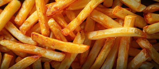 A generous pile of crispy French fries arranged neatly on a table, ready to be enjoyed as a tasty snack or side dish.