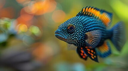   A tight shot of a blue fish with orange and yellow stripes along its side against a hazy backdrop